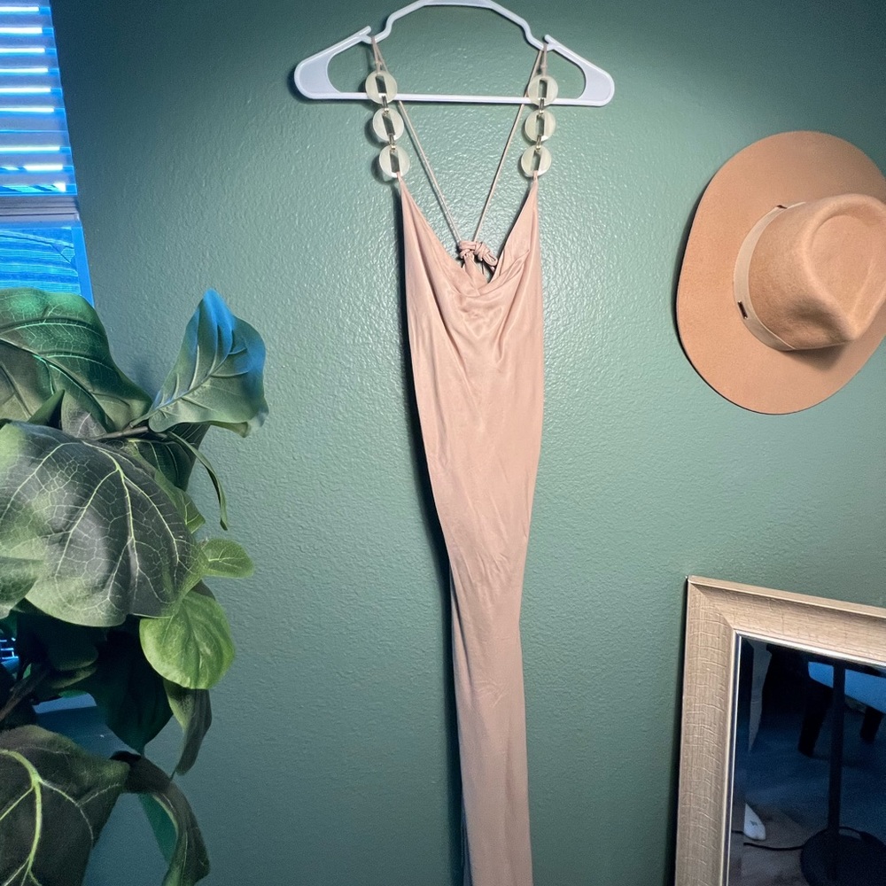 Tan silk dress with fun detail straps